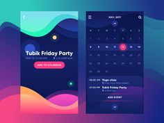 two mobile screens with the text tubik friday party and an image of colorful waves