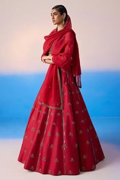 Carmine red can can attached lehenga with embroidered floral blossom patterns, embellished by sequins and crystals. Comes with padded embellished blouse and dupatta. - Aza Fashions Red Can, Embellished Blouse, Can Can, Set For Women, Aza Fashion, Lehenga, Blossom, Crystals, Floral