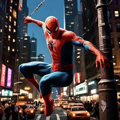 the amazing spider - man is hanging from a pole in front of a busy city street