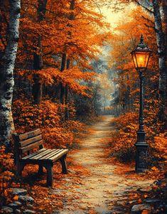 a park bench sitting next to a lamp post in the middle of an autumn forest