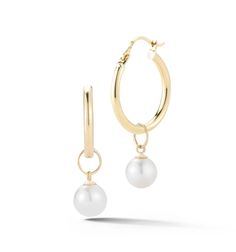 14kt Gold Small Detachable Pearl Hoops – MATEO Classic Yellow Gold Pearl Earrings With Pearl Charm, Classic Everyday Luxury Pearl Drop Jewelry, Classic Yellow Gold Hoop Pearl Earrings, Pearl Hoop Earrings, Classic Gold, Timeless Accessories, Pearl Size, Gold Pearl, Gold Hoop