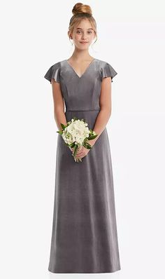 Shop this Honor your bridal party with a junior bridesmaid dress that's perfect for hours of fun and celebration. This lux velvet dress features feminine flutter sleeves, a flattering V-neckline, and a full-length circle skirt. Junior Bridesmaid Dress, Bridesmaid Style, Junior Bridesmaid Dresses, Junior Bridesmaid, Junior Dresses, Circle Skirt, Custom Dresses, Flutter Sleeves, Wedding Themes