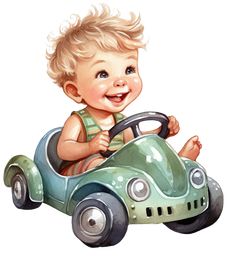 a little boy driving a toy car with his hands on the steering wheel and smiling