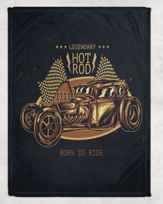 a black and gold towel with an image of a hot rod car on the front