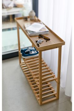 Oak Rectangular Console Table with Storage | Wireworks Hello | Woodfurniture.com Slatted Shelves, Storage Table, Casa Vintage, Hallway Storage, Rack Design, Table Storage, Shoe Storage, Home Decor Furniture, Bedside Table