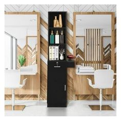 the interior of a hair salon with chairs and tables in front of wooden paneled walls