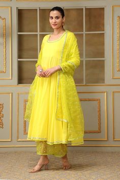 Yellow anarkali embellished with thread and gota work. Paired with a matching pant mirror work and dupatta. - Aza Fashions Mirror Work Anarkali, Yellow Anarkali, Gota Work, Madhuri Dixit, Luxury Sale, Shraddha Kapoor, Mirror Work, Pants Pattern, Modern Bride