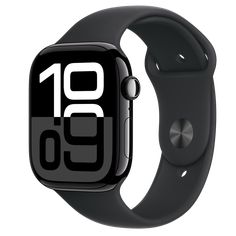 an apple watch with the number ten on it's face and black band, against a white background