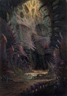 an image of a fantasy scene that looks like it is coming out of a cave