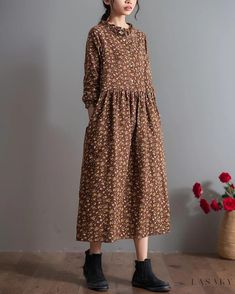 Lasaky - Floral Autumn Retro Literary Cotton Linen Dress - Loose Fit, Fashionably Elegant Linen Dresses Elegant, Cotton Linen Dresses, Color Cafe, Skirt Skirt, Basic Dress, Modern Dress, Dress Elegant, Basic Outfits, Retro Chic