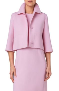 Crafted in Italy from virgin wool double-face crepe, this cropped jacket is topped with a versatile spread collar and set with trapezoid-referencing pockets. 21" length (size 12) Hidden-button placket Spread collar Elbow-length sleeves Side-seam pockets Partially lined 100% virgin wool Dry clean Made in Switzerland Designer Clothing Elegant Pink Long Sleeve Cropped Jacket, Elegant Cropped Pink Outerwear, Elegant Pink Cropped Outerwear, Elegant Pink Fitted Cropped Jacket, Pink Cropped Blazer For Workwear, Pink Cropped Outerwear For Work, Cropped Pink Outerwear For Work, Pink Cropped Blazer For Work, Structured Tailored Cropped Jacket