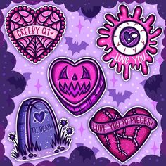 some stickers that are in the shape of hearts and tombstones on a purple background