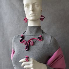 "Avant garde black and pink collar or set by your choice. Unusual artistic playful short necklace, Contemporary necklace, Bohemian jewelry  Unusual abstract art and asymmetric jewelry set is perfect for elegant artistic style or for casual contemporary clothing combinations.  Eye catching, distinct, specific jewelry for those who love to wear unique artistic details. Necklace is short on memory wire, flexible and comfortable and also easy to put on and take of. You can wear necklace like choker Artistic Pink Jewelry For Party, Artistic Pink Party Jewelry, Pink Handmade Wearable Art Jewelry, Handmade Pink Wearable Art Jewelry, Handmade Pink Jewelry In Wearable Art Style, Pink Wearable Art Jewelry As Gift, Pink Wearable Art Jewelry For Gift, Black And White Necklaces, Unusual Necklace