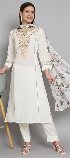 White and Off White color Salwar Kameez in Blended fabric with Embroidered, Printed work Designer White Churidar With Floral Embroidery, White Churidar With Floral Embroidery For Designer Occasions, White Churidar With Floral Embroidery For Designer Wear, White Unstitched Suit For Spring Wedding, White Unstitched Wedding Suit For Spring, White Floral Embroidered Churidar For Designer Wear, White Churidar With Floral Embroidery For Eid, White Anarkali Lawn Suit For Eid, White Floral Embroidered Salwar Kameez For Diwali