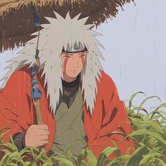 an anime character sitting in the grass with an umbrella over his head