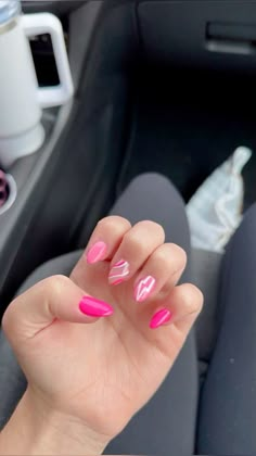 (Not mine!!) #nails #preppy #nailart #nailinspo #pink #preppynails #aesthetic #trendy #fyp Nails Hot Pink Designs, Hot Pink Nail Designs Summer, Short Hot Pink Nails With Design, Khloe Nails, Pink Preppy Nails, Preppy Pink Nails, Hot Pink Prom Nails, Hot Pink Birthday Nails, Hot Pink And White Nails