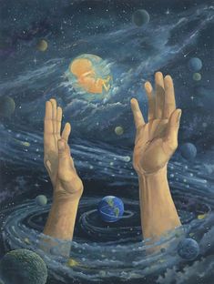 two hands reaching up to the sky with planets and stars in the background as if they were trying to catch something