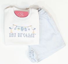 The perfect promotion gift for any big brother! If you wish to add a name or change the font style, just let us know! The embroidered design is placed on a high quality white shirt/onesie. Shirts are 100% combed cotton with a ribbed neckline and run true to size. Sizes range from 6 month-8. Brands used are Blanks Boutique or ARB Blanks depending on availability. Current production time is 3-5 business days not including shipping time. If you need your item sooner, please feel free to message me Big Brother Gifts, Big Brother Little Brother, Boy Monogram, Big Brother Shirt, Brother Embroidery, Monogram Shirts, Brother Shirts, Baby Brother, Mens Long Sleeve Tee