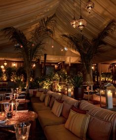 a long couch sitting under a canopy in a room filled with tables and chairs next to tall palm trees