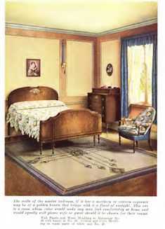 an illustration of a bedroom with a bed, dresser and chair in the middle of it