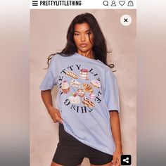 Level Up Your Off-Duty Wardrobe With This Prettylittlething Baby Blue Dessert Print Oversized T Shirt. Brought To You In A Baby Blue Material With A Dessert Print And An Oversized Fit, How Could You Say No? Whether It's A Chilled Day At Home Or You're Running Your Everyday Errands This T Shirt Is The One For You. Level Up The Look And Add Shorts, Box-Fresh Kicks And Your Everyday Essentials For The Ultimate Combo. Length Approx 74cm/29" (Based On A Sample Size S) Model Wears Size S Model Height Blue Tee Shirt Outfit, Cute Blue T-shirt For Loungewear, Cute Oversized T-shirt For Loungewear, Blue Tops With Funny Print For Streetwear, Funny Print Blue Tops For Streetwear, Oversized Light Blue T-shirt For Spring, Trendy Light Blue Graphic Print T-shirt, Blue Graphic Tee For Loungewear, Trendy Light Blue Text Print Top