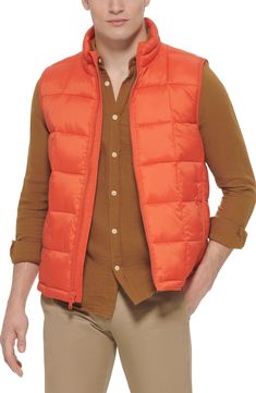 Windowpane stitching patterns turn this quilted puffer vest into a modern must-have accessory. Stand-up collar Sleeveless Front zip closure Dual front pockets Lined 100% recycled polyester Machine wash Imported Model stats: 6'1" height, 32" waist. Model is wearing size M Sleeveless Nylon Puffer Jacket For Spring, Down Vest With Padded Collar, Sleeveless Puffer Jacket For Fall, Sleeveless Down Vest With Padded Collar, Sleeveless Down Puffer Vest, Sleeveless Puffer Jacket For Spring, Casual Nylon Vest With Padded Collar, Casual Sleeveless Outerwear With Padded Collar, Casual Vest With Padded Collar For Cold Weather