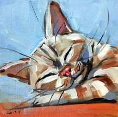 a painting of a cat sleeping on top of a table