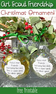 "Make New Friends" Girl Scout Craft Ideas Christmas Ornament DIY For All Age of Girls and Leaders Great troop meeting craft or Christmas party fun #girlscouts #glitterit #ornament #girlscoutchristmasornament Girl Scout Christmas Activities, Girl Scout Holiday Activities, Girl Scout Friendsgiving Ideas, Girl Scouts Christmas Party, Daisy Girl Scout Christmas Activities, Girl Scouts Christmas Ornaments, Girl Scouts Christmas Crafts, Christmas Girl Scout Activities