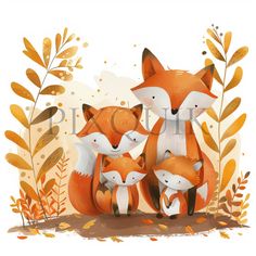 a family of foxes standing next to each other