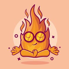 a cartoon fire with glasses on it's face and arms, sitting in front of a pink background