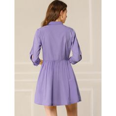 Designed with the shirt style, this dress makes weekend dressing simple with its relaxed fit shape. With the bright color, this piece is styled with a button-through design and finished with the tie detailing on the sleeves for a touch of femininity. Framed with a collar neckline and contemporary cropped sleeves, the waistline flows out into a lightly pleated flared skirt for a feminine finish that wears well with anything from sandals to trainers. Spring Collared Shirt Dress With Roll-up Sleeves, Solid Collared Shirt Dress For Day Out, Solid Color Collared Shirt Dress For Day Out, Casual Solid Color Shirt Dress For Work, Knee-length Solid Color Shirt Dress For Daywear, Casual Collared Neckline Shirt Dress For Office, Casual Office Shirt Dress For Spring, Casual Collared Shirt Dress For Office, Spring Dresses With Placket