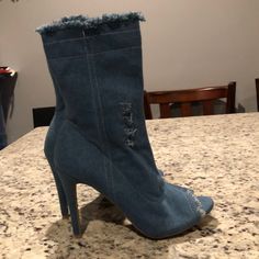 Wild Diva Lounge Boots Casual Denim Blue Heels With Round Toe, Casual Blue Pointed Toe Boots, Blue High Heel Synthetic Boots, Blue Denim Boots With Round Toe, Casual Blue High Heel Boots, Casual Blue Heels For Winter, Casual Blue Heels For Fall, Casual Blue Heels With Reinforced Heel, Lounge Boots