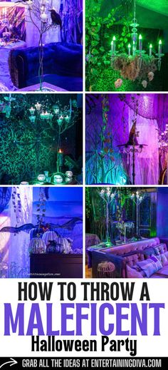 Maleficent Party Decor Ideas Enchanted Forest Halloween Party, Enchanted Forest Halloween Decorations, Halloween Forest Decorations, Enchanted Forest Halloween, Enchanted Forest Decor, Epic Halloween Party, Maleficent Cake, Halloween Candy Buffet, Halloween Party Decor Ideas