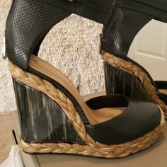 Like New! Never Worn Outside. Only Tried On And Walked Inside My Home. Dust Bag And Box Included, If Desired. Designer Synthetic Platform Wedge Sandals, Designer Synthetic Wedge Sandals, Designer Wedge Sandals For Vacation, Gold Wedge Heels, Spring Wedges, Gold Espadrilles, Wooden Wedges, Cute Wedges, Brown Wedges