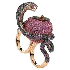 For Sale on 1stDibs - Apple Snake ring in 18kt pink gold set with 102 diamonds 1.92 cts, 333 black diamonds 6.22 cts, 493 pink sapphires 12.75 cts, 17 tzavorites 0.28 cts Luxury Rose Gold Sapphire Ring With Pink Sapphire, Luxury Rose Gold Pink Sapphire Ring, Pink Gold Rings, Argyle Pink Diamonds, Diamond Bracelet Design, Pink Diamond Ring, Pink Snake, Pink Apple, White Gold Set