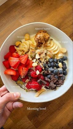 a bowl filled with fruit and nuts on top of a wooden table next to a person's hand