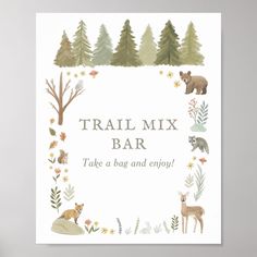 a card that says trail mix bar with animals and trees