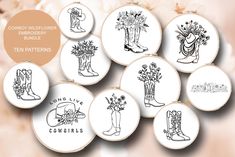 six embroidered badges with cowboy boots and flowers on them, all in black and white