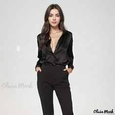 Olivia Mark - Stylish Long-sleeved Chiffon Blouse with Simulated Silk Collar Sleek V-neck Blouse For Date Night, Sleek Long Sleeve Blouse For Night Out, Sleek V-neck Party Blouse, Casual V-neck Blouse For Evening, Sleek Fall Blouse For Date Night, Chic Long Sleeve Workwear Tops, Sleek Long Sleeve Blouse For Party, Sleek Long Sleeve Blouse For Evening, Sleek Long Sleeve Evening Blouse