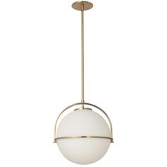 a light fixture with a white glass ball hanging from it's center point,