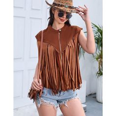 Get a retro vibe in our women's fringe undershirt. Crafted from faux suede, this sleeveless tunic exudes the vibe of 70's hippie wear. Accented with fringe detailing, this undershirt is the perfect statement piece for hippie style. Denim Party, Womens Denim Vest, 70s Denim, Cowgirl Look, Hooded Denim Jacket, Fringe Vest, Fringe Jacket, Sequin Tank Tops, Vintage Blazer