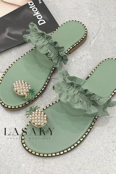 Lasaky - Exquisite Womens Pineapple Trim Sandal Flip-Flops Green Flat Sandals, Flat Sandals For Women, Ladies Slides, Bohemian Sandals, Toe Ring Sandals, Lace Flats, Elegant Sandals, Women Slides, Wedges Style