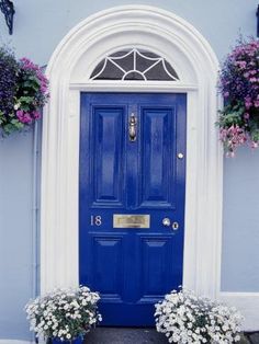 a blue front door with two flower pots on either side