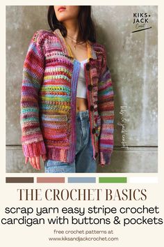 This is our first scrap yarn garment and we are so happy with this easy, textured crochet cardigan.  We used 3 skeins from the same yarn family in different colour combinations.  Click on the photo to access this beginner friendly, textured cardigan crochet pattern and we show you how to add a crochet collar, buttons and pockets.  This is a made to measure pattern which is perfect for scrap yarn as the gauge is flexible.  The full instructions are posted on the www.kiksandjackcrochet.com blog for you to view online for free. Crochet Cardigan Free Pattern, Cardigan Free Pattern, Crochet Cardigan Free, Cardigan Crochet Pattern, Textured Crochet, Crochet Cardigan Pattern Free, Crochet Cardigan Sweater, Scrap Yarn