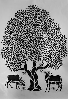 an intricately designed tree with two cows under it and leaves on the branches, in front of a white background