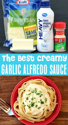 the best creamy garlic alfredo sauce is in a red bowl and next to it's ingredients