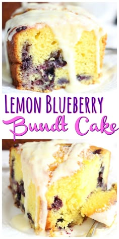 a lemon blueberry bundt cake with icing on top and the rest of it cut in half