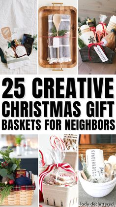 25 Creative Christmas Gift Baskets for Neighbors Christmas Basket Neighbor, Diy Gift Baskets Christmas, Gift Baskets For Christmas Family, Christmas Thank You Basket, Christmas Gifts For Neighbors Non Food, Creative Baskets For Gifts, Neighbor Christmas Basket, Xmas Gifts For Neighbors Friends, Neighbor Christmas Gift Basket Ideas