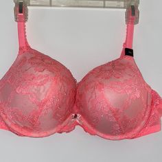 Body By Victoria Beautiful Coral Colored Padded, Push-Up Style. Lace, Rhinestone, Bow & Vs Charm Detail. Pink Fitted Underwire Bra, Fitted Pink Underwire Bra, Spring Pink Padded Bra, Pink Lace Push-up Bra, Stretch Pink Padded Bra, Victoria's Secret Pink Lined Bra, Spring Pink Bra With Lined Body, Pink Lined Spring Bra, Spring Pink Lined Bra