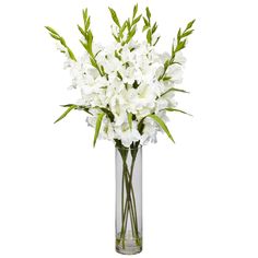 white flowers in a clear vase on a white background